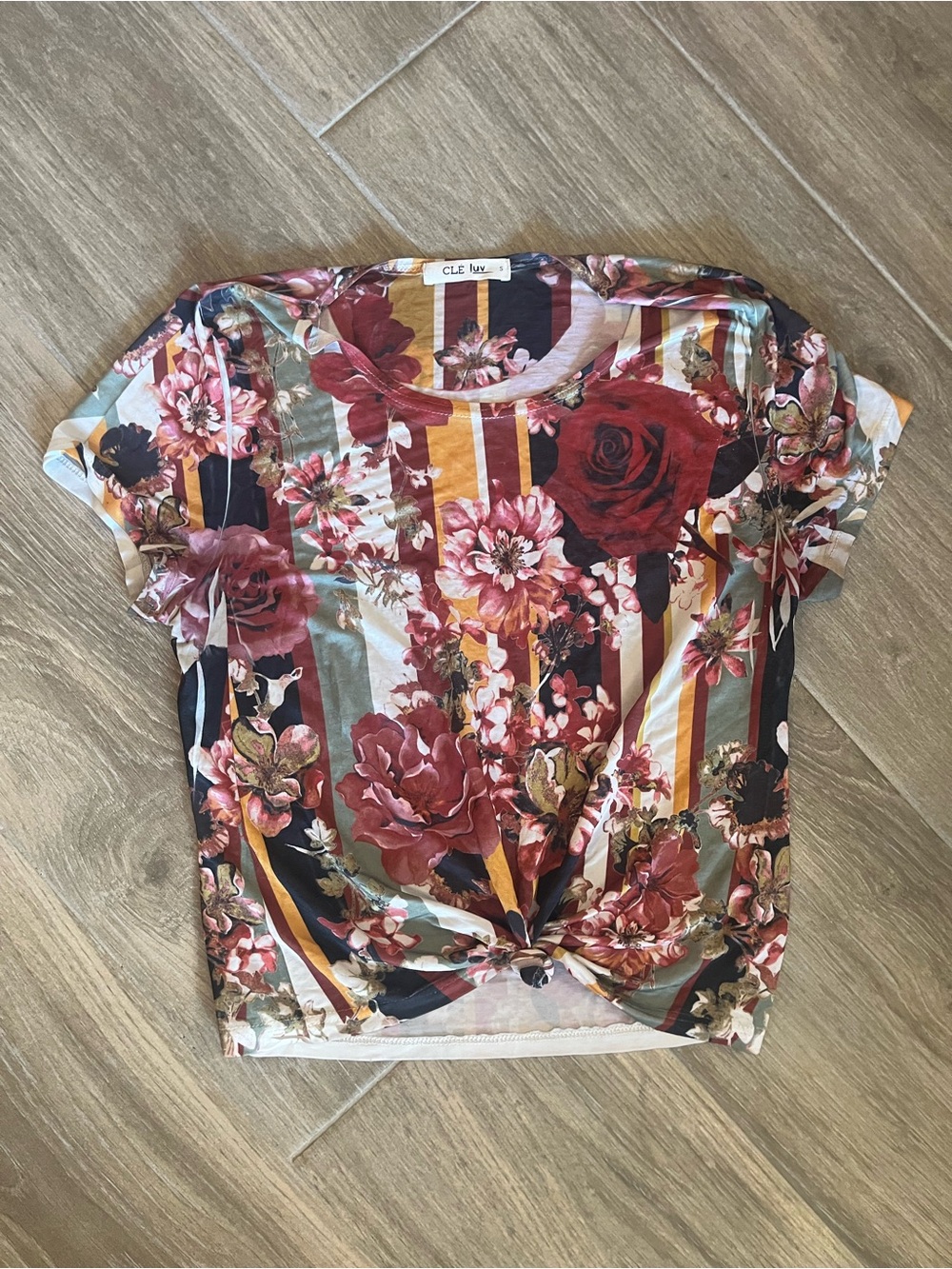 Burgundy Floral Stripe Knot-Front Crop Top
